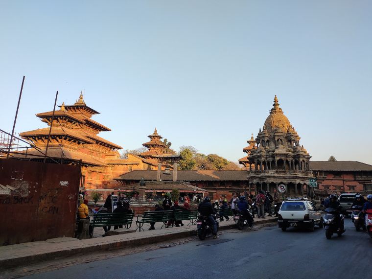The temples of Patan Durbar Square at golden hour